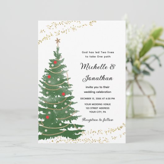 Invitation Pin Festif Noël Arbre étoile Mariage chrétien (Debout devant)