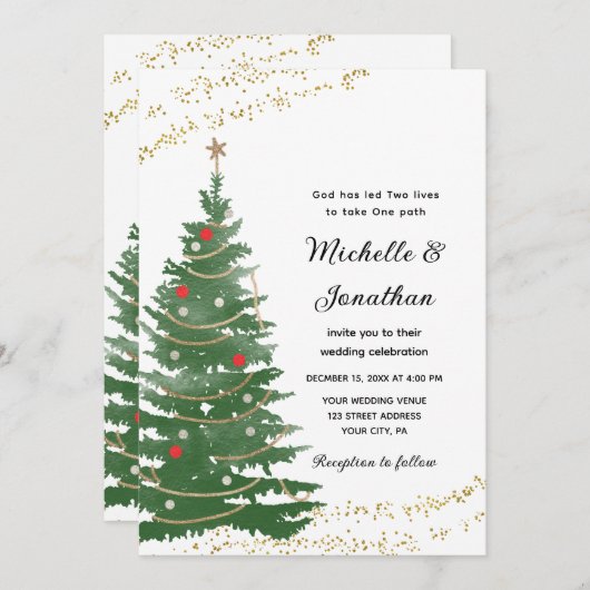 Invitation Pin Festif Noël Arbre étoile Mariage chrétien (Devant / Derrière)