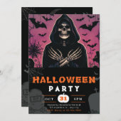 Invitation Pince rose et noire faucheuse squelette Halloween (Devant / Derrière)