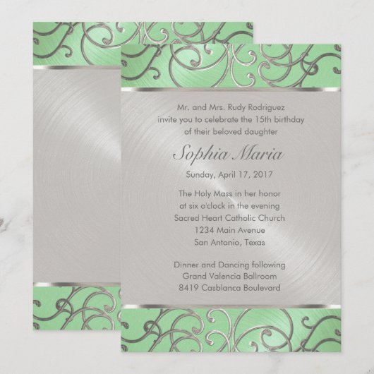 Invitation Pinces à menthe vertes et argentées Quinceanera (Devant / Derrière)