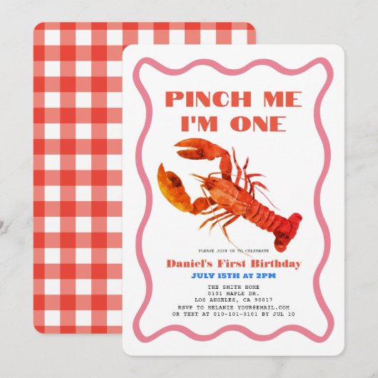 Invitation Pinch Me Retro Crawfish 1er anniversaire (Devant / Derrière)