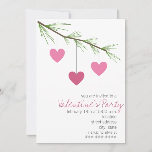 Invitation Pine Bough & Pink Hearts Valentine's Party Invitat (Devant)