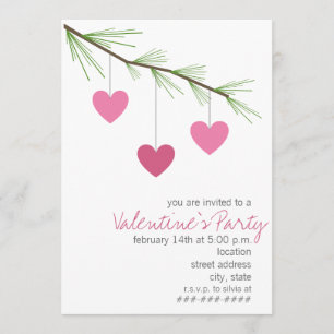 Invitation Pine Bough & Pink Hearts Valentine's Party Invitat