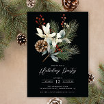 Invitation Pine Branch Winter Botanical Holiday Party<br><div class="desc">Cette élégante invitation de fête de Noël comprend une belle branche de pin, des fleurs blanches, des baies sèches et une pinecone sertie sur un arrière - plan noir. L'invitation est parfaite pour inviter vos amis et votre famille à un rassemblement festif. L'ensemble est festif et sophistiqué, et l'invitation impressionne...</div>