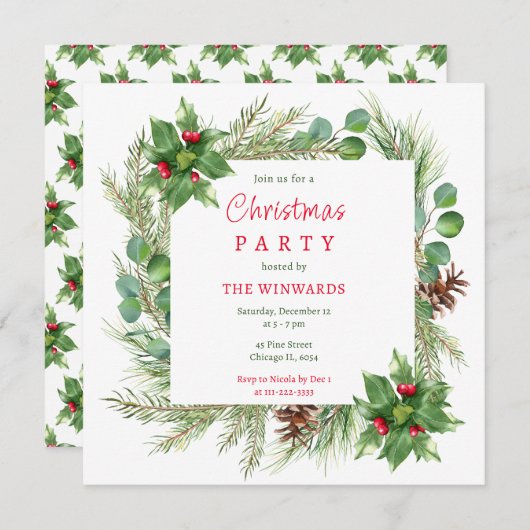 Invitation Pine Branches et Berries fête de Noël (Devant / Derrière)