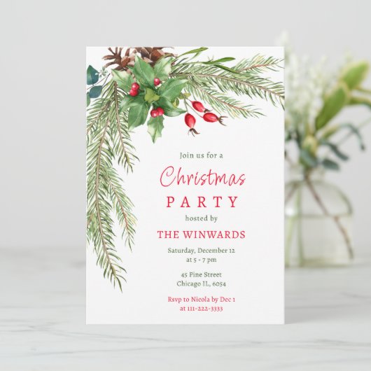 Invitation Pine Branches et Berries fête de Noël (Debout devant)