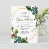 Invitation Pine Cone Holly Frame Noël FÊTE OUVERTE MAISON (Debout devant)