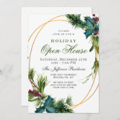 Invitation Pine Cone Holly Frame Noël FÊTE OUVERTE MAISON (Devant / Derrière)