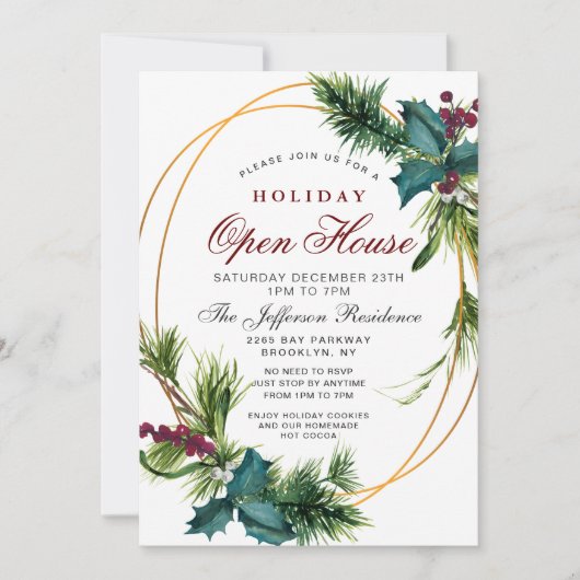 Invitation Pine Cone Holly Frame Noël FÊTE OUVERTE MAISON (Devant)