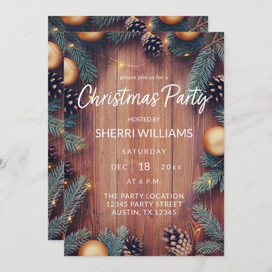 Invitation Pine Cone & Or Ornement de Noël Rustique (Devant / Derrière)