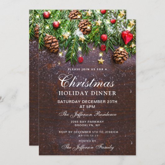 Invitation Pine Cone Rustique Vacances de Noël DÎNER (Devant / Derrière)