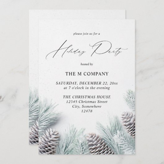 Invitation Pine Cone & Snow Holiday Party (Devant / Derrière)