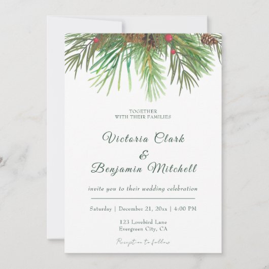 Invitation Pine Cone vert rustique Noël Mariage d'hiver (Devant)