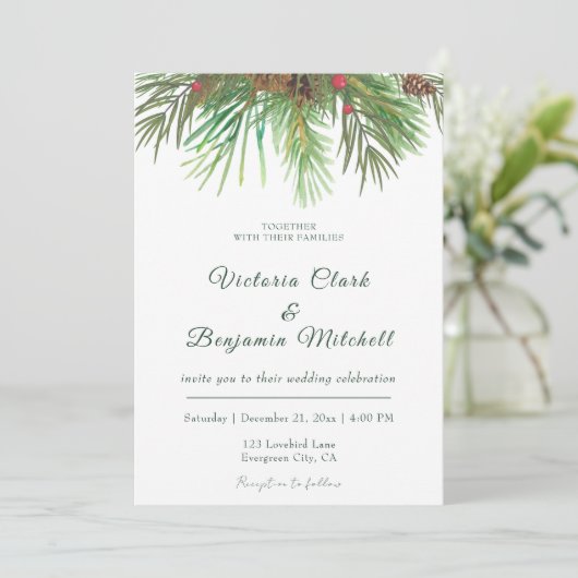 Invitation Pine Cone vert rustique Noël Mariage d'hiver (Debout devant)