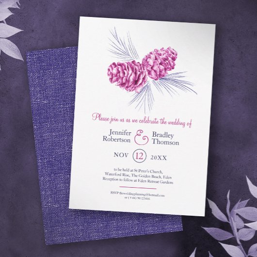 Invitation Pine cônes dessin art bleu prune mariage d'hiver