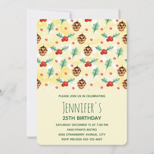 Invitation Pine Cones et Holly Hiver Motif Anniversaire (Devant)