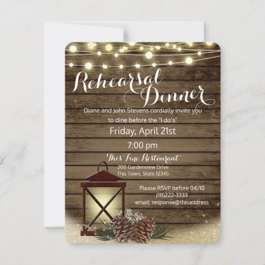 Invitation Pine Cones et Lantern Rustique Dîner de répétition (Devant)