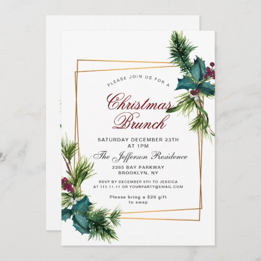 Invitation Pine Cones Holly Frame Noël (Devant / Derrière)