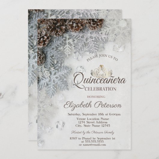 Invitation Pine Cones, Snowflakes, Tiara, Quinceañera (Devant / Derrière)