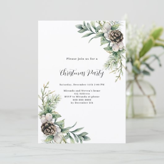 Invitation Pine cônes verts feuille Noël (Debout devant)