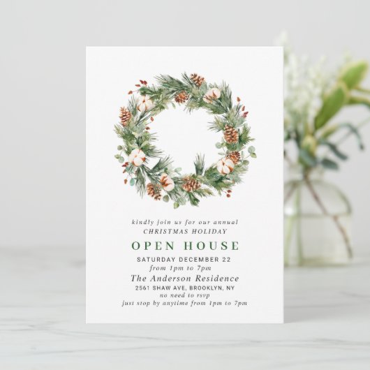 Invitation Pine Cones Wreath Holiday NOËL OPEN HOUSE (Debout devant)