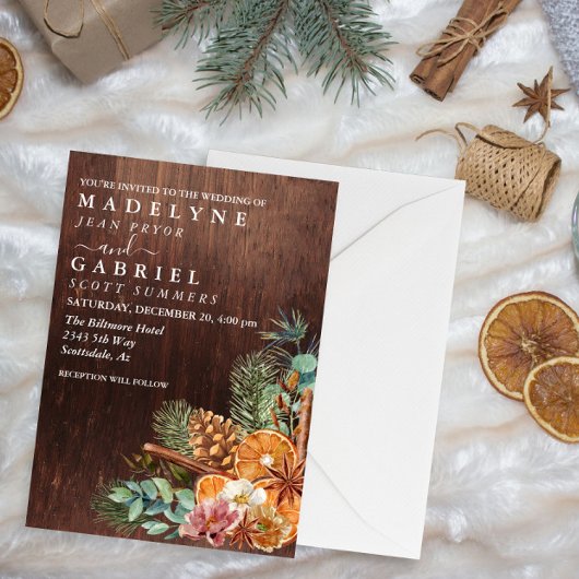 Invitation Pine de Noël d'hiver Bouquet Mariage en bois