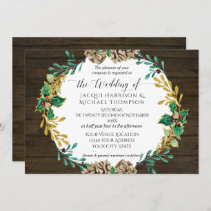 Invitation Pine de Noël Rustique Gold Mariage de verdure