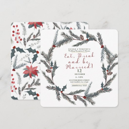 Invitation Pine d'hiver Berry manger Boire être marié Mariage (Devant / Derrière)