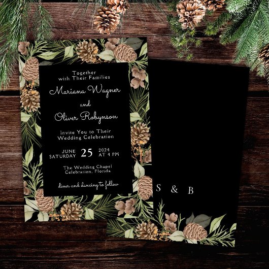 Invitation Pine d'hiver moderne Noir et blanc Mariage élégant