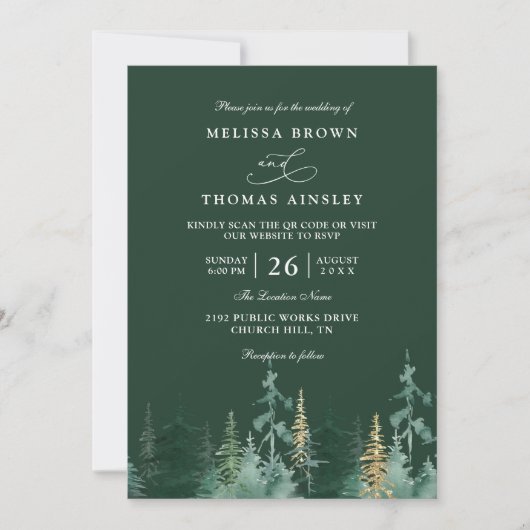 Invitation PINE Emerald Green and Gold QR Code Wedding (Devant)