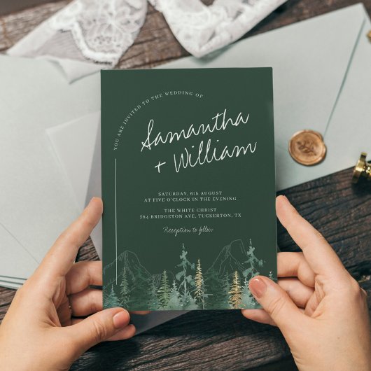 Invitation PINE Emerald Green et Gold Mountains Mariage