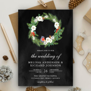Invitation Pine Feuille Floral Wreath Black Noël Mariage
