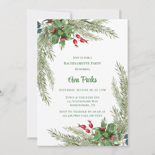 Invitation Pine Needles Red Berry Bachelorette Party (Devant)