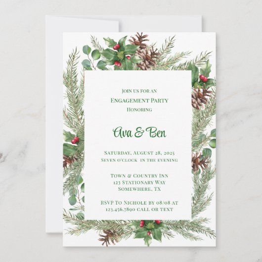 Invitation Pine Needles Red Berry Christmas Party (Devant)