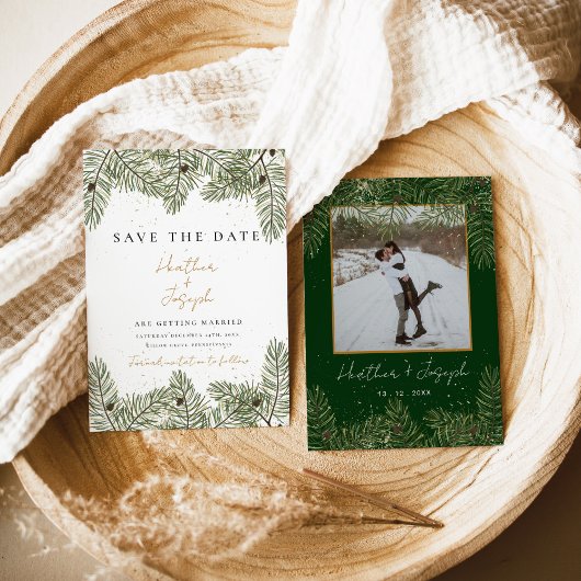 Invitation Pine & Or Mariage de Foliage de Noël enregistrer l
