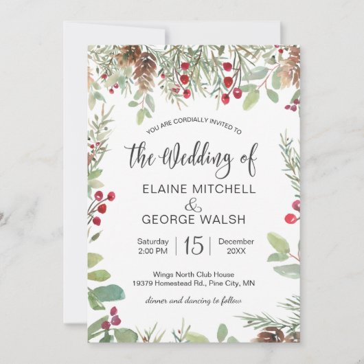 Invitation Pine Rouge Berry Mariage de verdure d'hiver (Devant)
