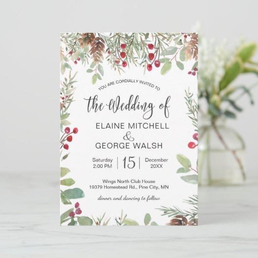 Invitation Pine Rouge Berry Mariage de verdure d'hiver (Debout devant)