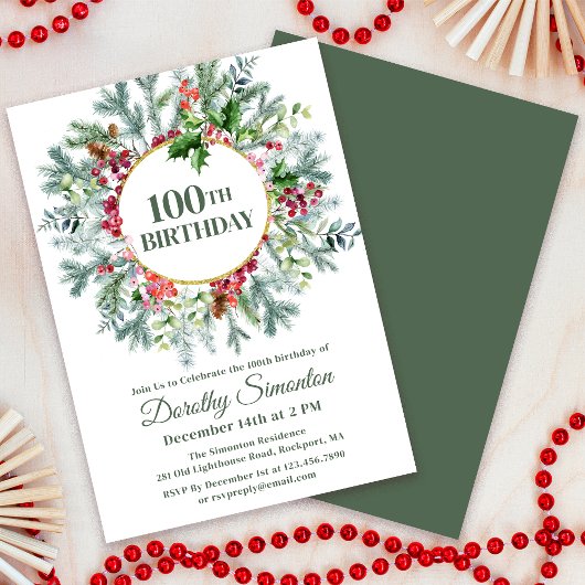 Invitation Pine Rustique Holly Berry Wreath 100e anniversaire