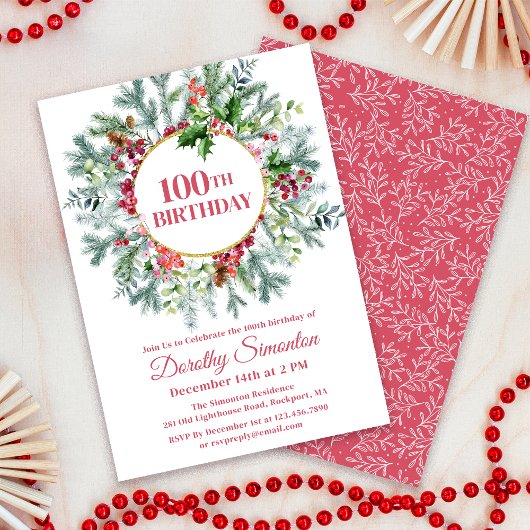 Invitation Pine Rustique Holly Berry Wreath 100e anniversaire