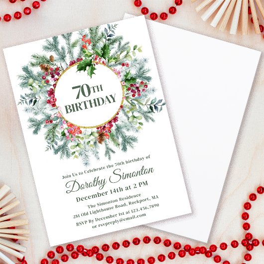 Invitation Pine Rustique Holly Berry Wreath 70e anniversaire