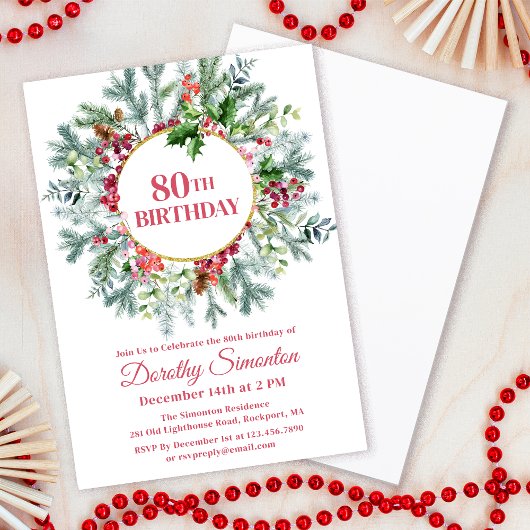 Invitation Pine Rustique Holly Berry Wreath 80e anniversaire