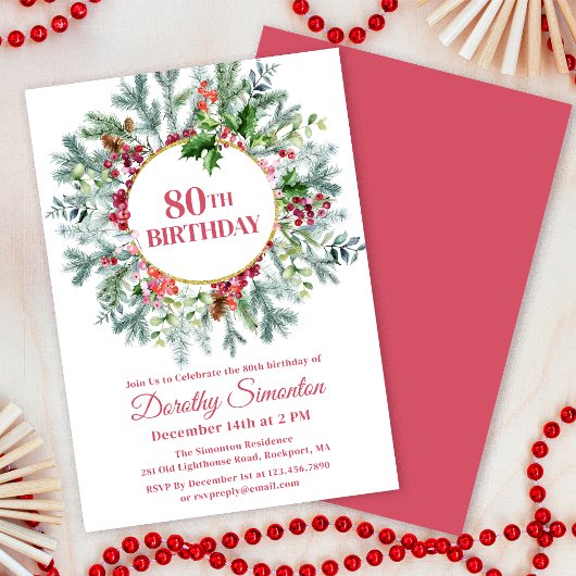 Invitation Pine Rustique Holly Berry Wreath 80e anniversaire