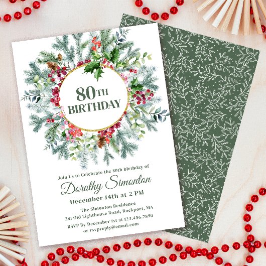 Invitation Pine Rustique Holly Berry Wreath 80e anniversaire
