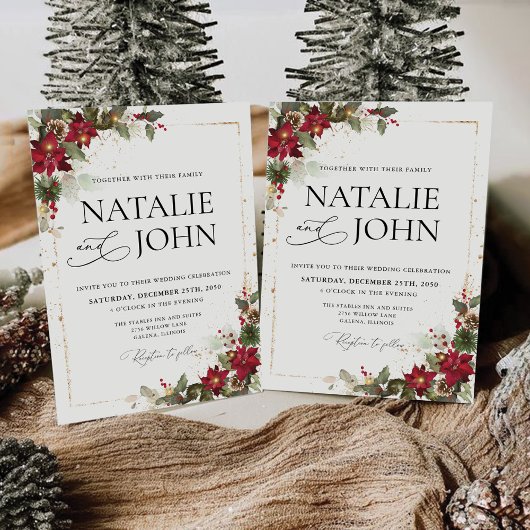 Invitation Pine Rustique Poinsettia Floral Mariage de Noël