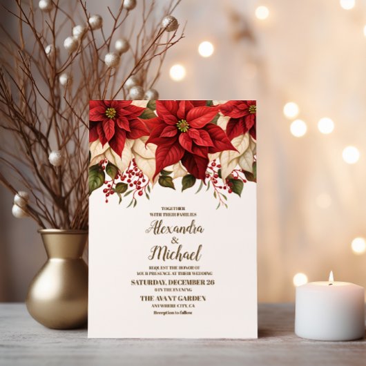Invitation Pine Rustique Poinsettia Floral Mariage de Noël