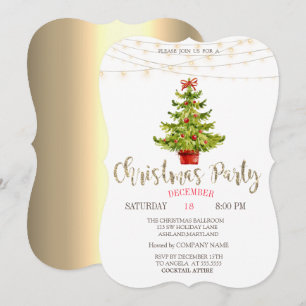 Invitation Pine Tree, Balls, Lumières Gold Christmas Party