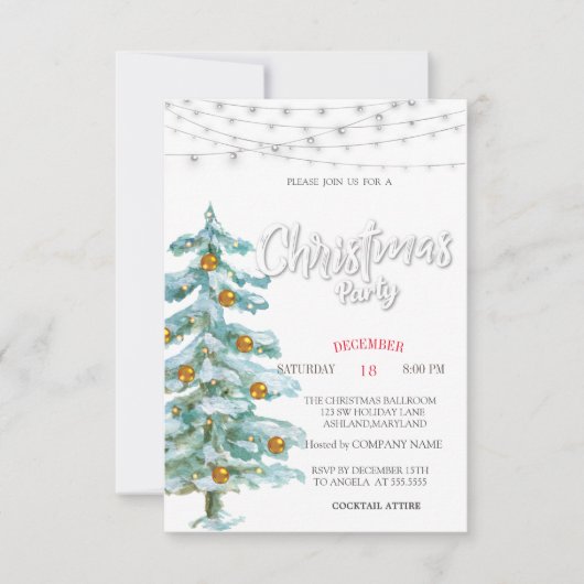 Invitation Pine Tree, Boules d'or, Fête de Noël (Devant)