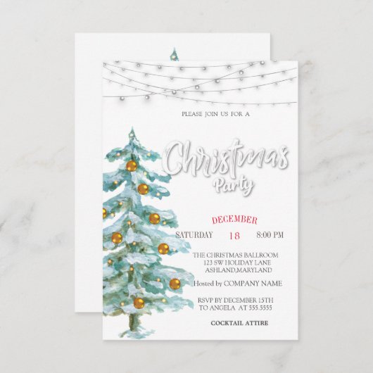 Invitation Pine Tree, Boules d'or, Fête de Noël (Devant / Derrière)