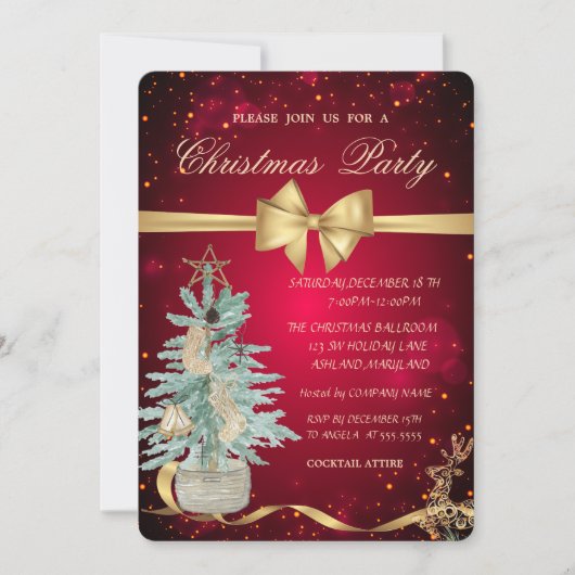 Invitation Pine Tree, Bow, Fête de Noël des rennes (Devant)