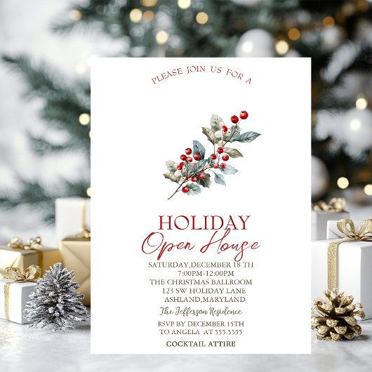Invitation Pine Tree Branch Red Berries Holiday Open House